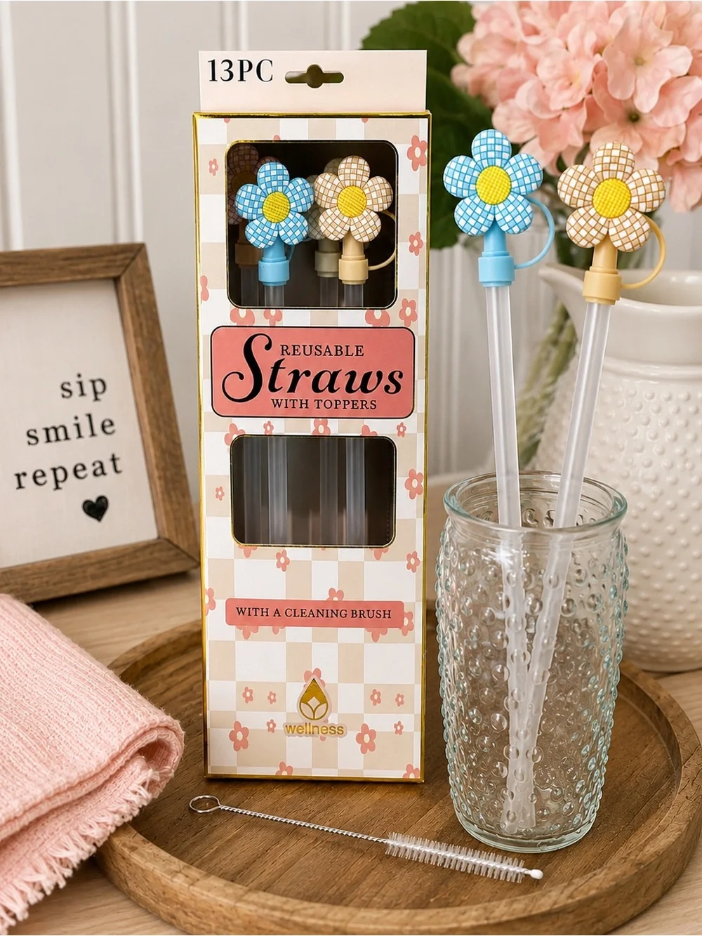 Wellness Reusable Flower Top Straws - Blue & Cream (13pc)